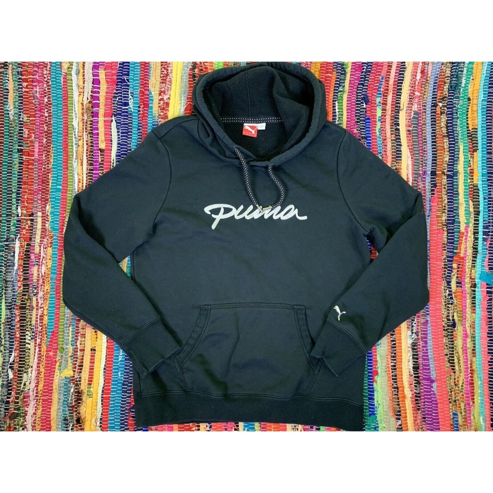 Puma Women Black Hoodie L Large Pullover Cotton Blend Logo Pockets Long Sleeve
